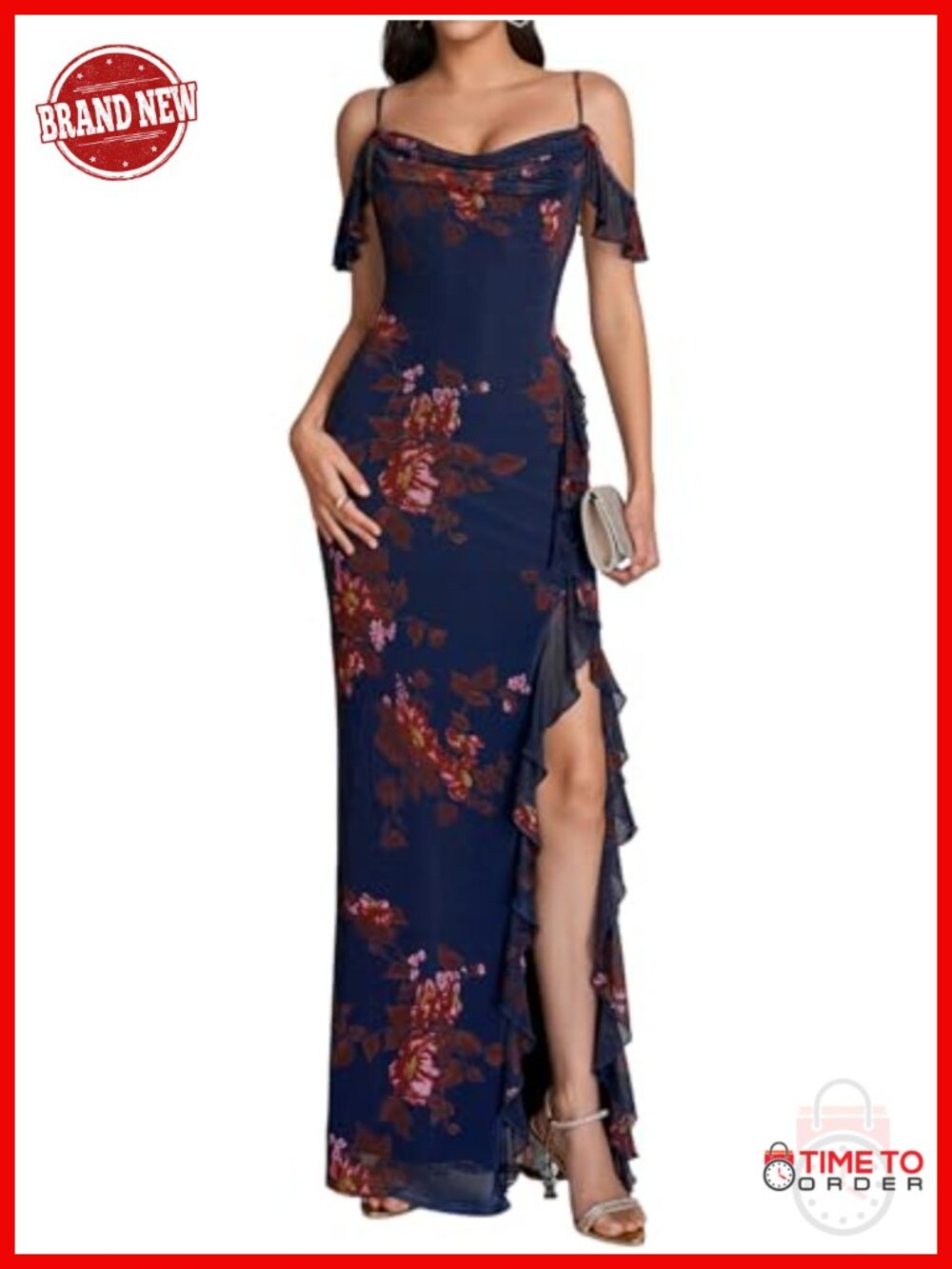 Elegant Floral Ruffle Long Formal Wedding Guest Dress